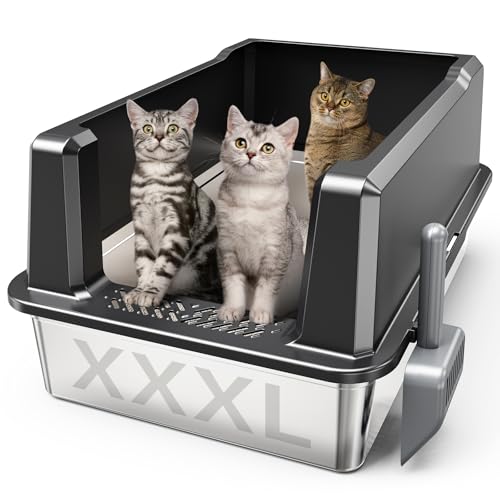 WoofiGo XXL Stainless Steel Cat Litter Box with High Sided, 27.6" L x 20" W x 14" H Extra Large Litter Box for Big Cats and Multiple Cats, Enclosure Cat Litter Pan with Anti-Urine Leakage, Easy Clean