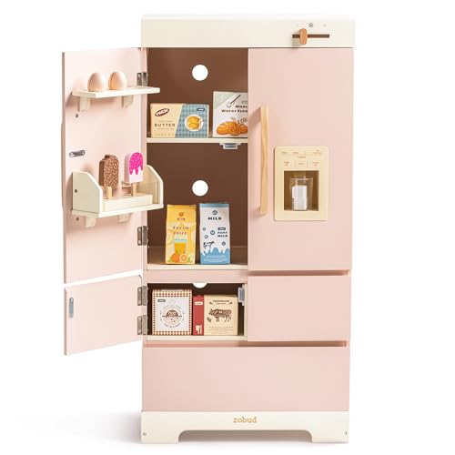 ROBUD Wooden Play Fridge, Kitchen Toy Fridge Freezer Set with Ice Maker, Play Kitchen Refrigerator, Kitchen Playset Gift for Kids & Toddlers, Age 3+ (Pink)