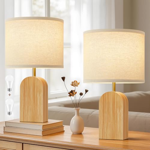 EJIAXIN Table Lamp for Bedroom Set of 2-19" Wood Farmhouse Bedside Lamp with Adjustable Color Temperatures - Modern Rustic Linen Lampshade Nightstand Lamps for Living Room Office, Bulbs Included