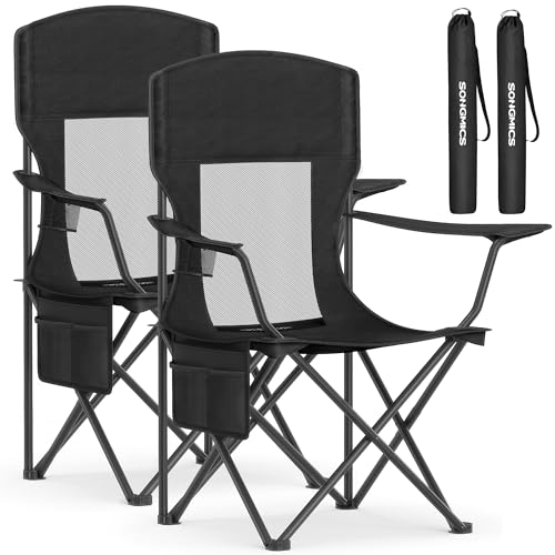 SONGMICS Breathable Camping Chairs, Foldable Outdoor Chairs Set of 2, High Back, Adjustable Armrests, Drink Holder, Weight Capacity 330 lb, for Sports Garden Backyard, Ink Black UGCB028B02