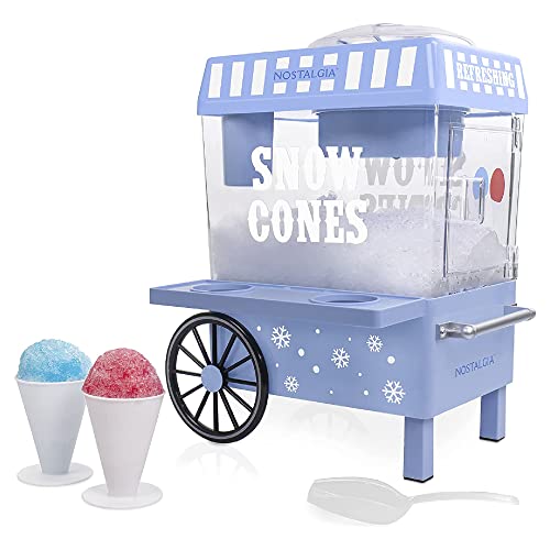 Nostalgia Snow Cone Machine – Retro Table-Top 8 Oz Snow Cone Maker Makes 20 ICY Treats– Countertop Slushie Machine Includes 2 Reusable Plastic Cups & Ice Scoop-Vintage Blue