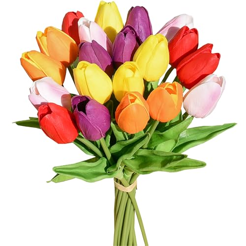 Mandy's Multicolor Artificial Tulips Flowers Centerpiece, 13.5" Lifelike PU Fake Floral Stems 20pcs for Kitchen Island & Dining Table, Spring Decor for Easter