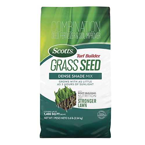 Scotts Turf Builder Grass Seed Dense Shade Mix - Grass Seed Plus Lawn Fertilizer & Soil Improver, Grows with As Little As 3 Hours of Sun, Covers Up to 1,400 sq. ft., 5.6 lb.