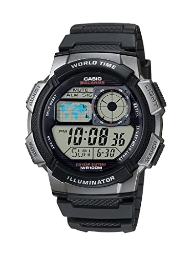 Casio AE1000W Series | Men’s Digital Watch | Black/Black | 100M WR | Multi Alarms | 100 SEC Stopwatch | Countdown Timer | World Map for World Time | LED Light | LC Analog Display | 10 Year Battery