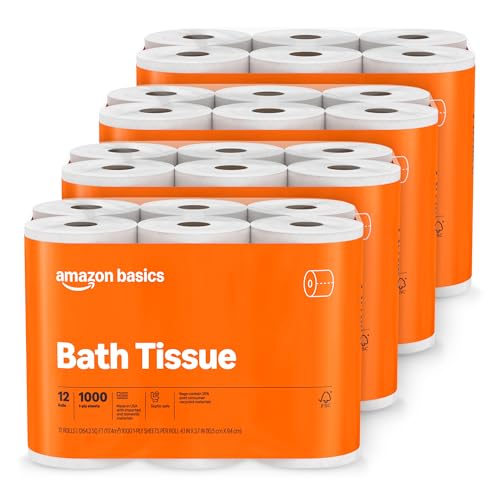Amazon Basics 1000 Sheet 1-Ply Bath Tissue, 48 Rolls (4 Packs of 12), Septic Safe