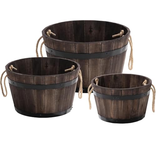 Set of 3 Wooden Flower Boxes Outdoor, Durable Acacia Wood Barrel Planters for Outdoor Plants with Ergonomic Handles, Drainage Holes, Multiple Sizes Wood Bucket Planter for Home Décor