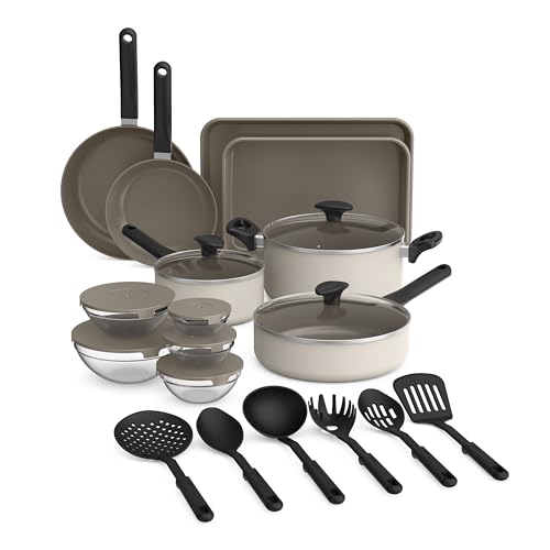 bella 21 Piece Kitchen Set with EverGood™ Ceramic Nonstick Coating​, Dishwasher & Oven Safe, All Stovetops Compatible, Tempered Glass Lids & Cool Touch Handles, Oatmilk