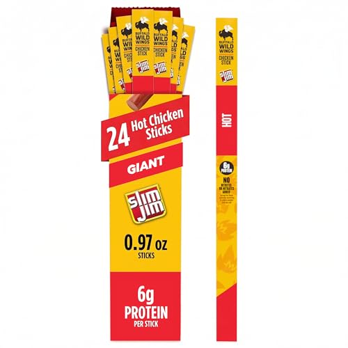 Slim Jim Giant Chicken Sticks, Buffalo Wild Wings Hot, 6g Protein per Stick, Father's Day Snack Gift for Dad, 0.97 oz. (24 Count)