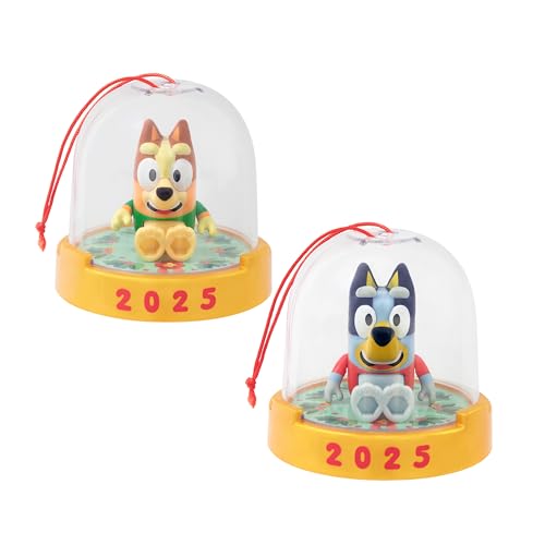 Bluey Ornament Pack of 2, Poseable Mini Decorations Toy Figurines in Festive Sweaters, 2025 Printed Gold Base Christmas Ornaments for Kids Ages 3+