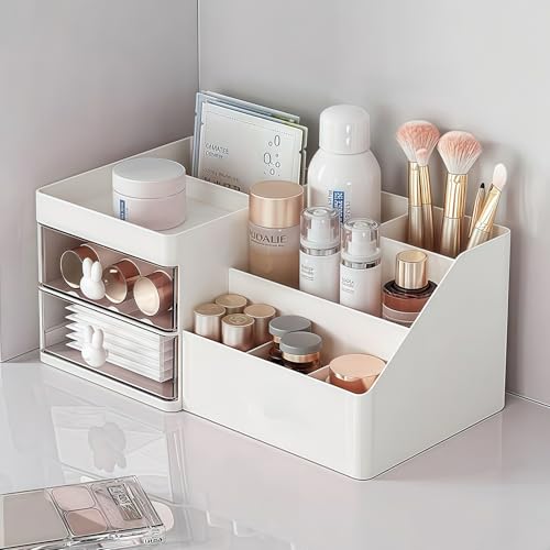 YUTAOWH Makeup Organizer with Drawers, Cosmetic Storage for Dresser Vanity and Bathroom Countertop, for Kids Family, Toothpaste Holder for Bathroom Vanity Organizer Storage (White)