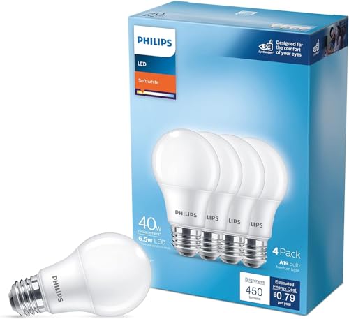PHILIPS LED 40W A19 4-Pack Basic Soft White (2700K) 450 Lumen (6.5W = 40W) Frosted Flicker-Free Light Bulbs