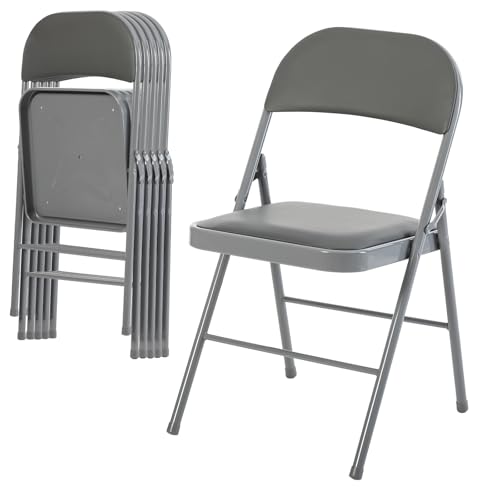 DUMOS 6 Pack Folding Chairs with Padded Cushion and Back - PU Leather Stackable Portable Dining Chairs Set, for Home and Office, Conference, Wedding, Party, Patio, Garden, for Indoor Outdoor, Grey