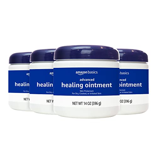 Amazon Basics Healing Ointment & Skin Protectant for Dry & Cracked Skin, Chapped Lips, Minor Cuts and Scrapes, Lip Repair Moisturizer, Fragrance Free, 14 oz, 4-Pack