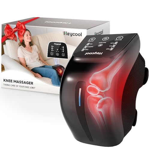 Heycool Knee Massager with Heat and Vibration, Cordless Electric Knee Massager with 3 Heating Levels 3 Massage Modes, Knee Brace Wrap Massager for Knee Muscle Relaxation, Adjustable Straps