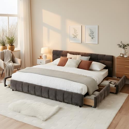KEIKI King Thick Chenille Bed Frame with 4 Storage Drawer & Upholstered Tufted Headboard, Modern Solid Wood Floor Platform for Bedroom, No Box Spring Needed
