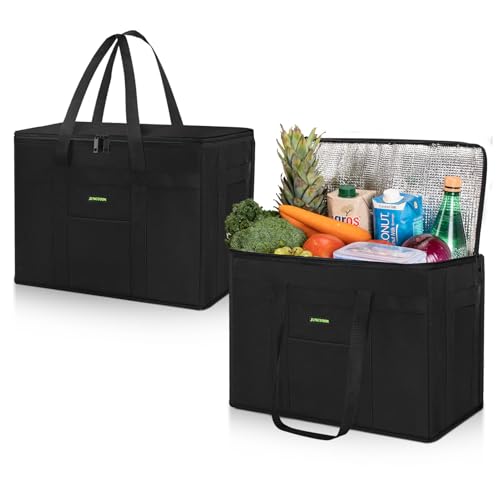 JUNGYOON 2 Pack Heavy-Duty Insulated Grocery Bags & Insulated Bag – Collapsible Cooler Bag with Zippered Top (Black, (15''x10''x10''))