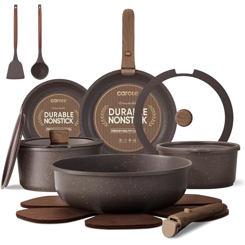 CAROTE 17PCS Pots and Pans Set Non Stick with Detachable Handle, Nonstick Cookware Sets, Cooking Kitchen Set, Oven/Dishwasher Safe, Induction Cookware, Brown, RV Kitchen Pot and Pan