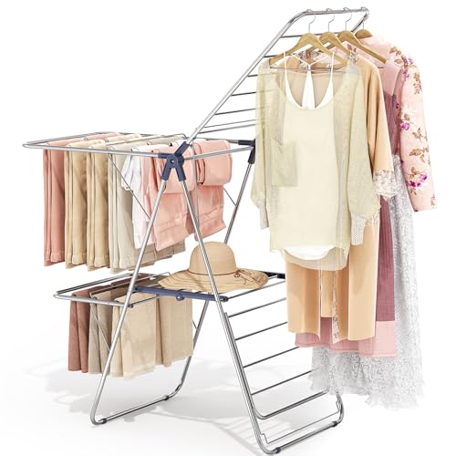 APEXCHASER Clothes Drying Rack with 4 Wings, Stainless Steel Drying Rack Clothing with Height-Adjustable, Foldable Gullwings Laundry Drying Rack, Indoor Outdoor Use, No Assembly, Regular Blue