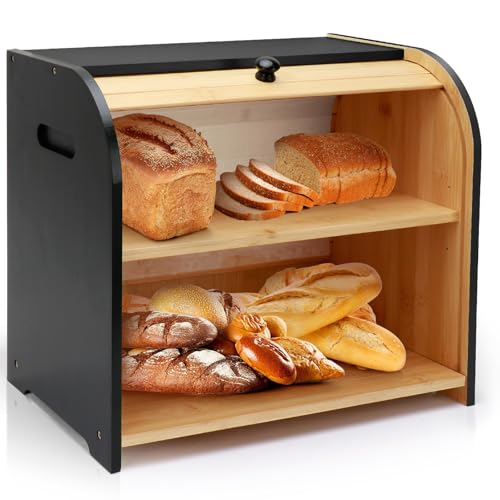 Thalomely Bread Box for Kitchen Countertop, Double Layer Bamboo Bread Storage Container for Homemade Bread, Roll Top Bread Box with 3 Adjustable Height for Kitchen Counter, Black Breadbox Organizer