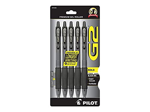 Pilot G2 Premium Gel Pens, Black Pens, Bold Point 1 mm, Pack of 5, Black