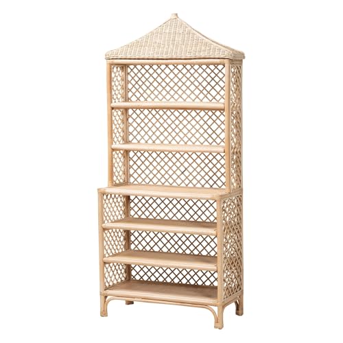 Bali & pari Adonis Natural Rattan Display Shelf - Freestanding 6-Tier Bookcase with Pagoda Top, Coastal Boho Storage Organizer
