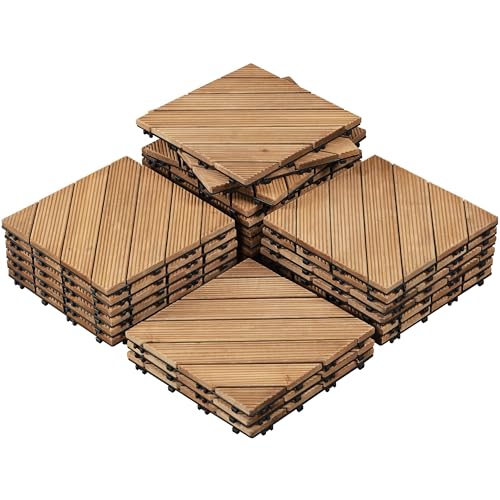 Yaheetech 27PCS Wooden Flooring Patio Deck Tiles Interlocking Tiles Patio Solid Wood and Plastic Indoor&Outdoor 12 x 12in, Natural Wood-Diagonal