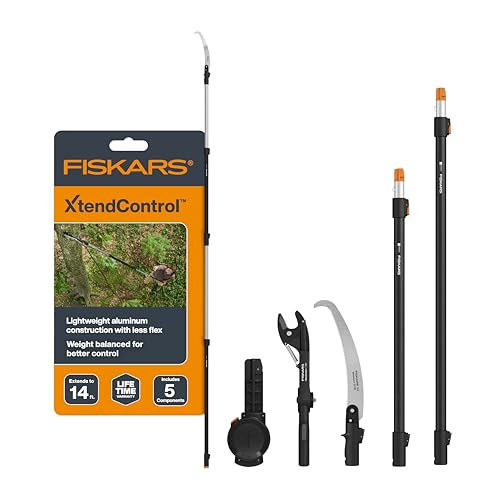 Fiskars XtendControl 14' Tree Pruner Kit, Complete Pruning and Sawing System with Fixed Pruner Head and 15" X2 Hook Bill Saw, Two Extension Poles, Lightweight Aluminum, Orange