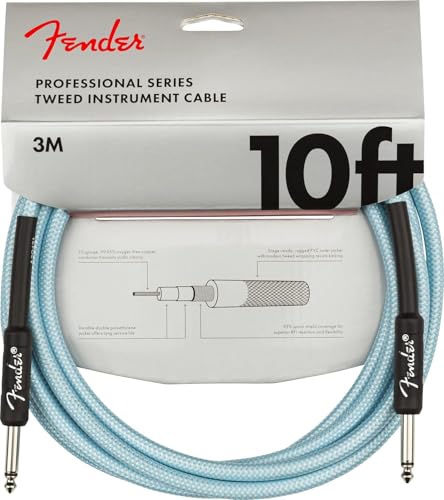 Fender Professional Series Tweed Instrument Cable, Guitar Cable, Guitar Accessories, Straight/Straight, Spiral Shielding for an Anti-Kinking Design, Daphne Blue, 10ft