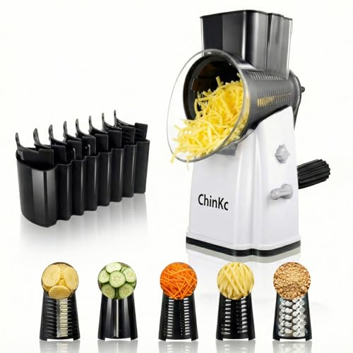 ChinKc Upgrade Rotary Cheese Grater Shredder with Handle, Strong Suction Base, Multi-purpose Rotary Grater Slicer with 5 Interchangeable Blades for Ice, Vegetables, Fruit, Nuts with Blade Storage Box