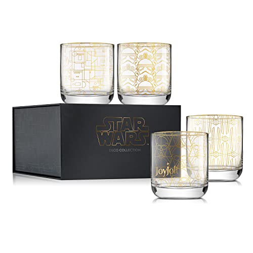 JoyJolt Star Wars Glassware. 'Deco' Lowball Glasses Set of 4, 10oz Star Wars Glasses. Short Tumbler with Darth Vader in Retro Crystal Glass Cup. Double Old Fashioned Rocks or Water Glass