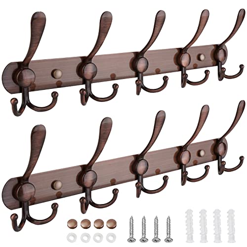 TICONN Wall Mounted Coat Rack, Five Heavy Duty Tri Hooks All Metal Construction for Jacket Coat Hat in Mudroom Entryway (Antique Bronze, 2-Pack)