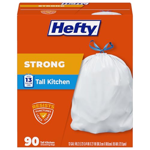 Hefty Strong 13 Gallon Trash Bags, Tall Kitchen, Drawstrings, Durable Closure, Resists Leaks, Punctures, Tears, White, Unscented, 90 Count