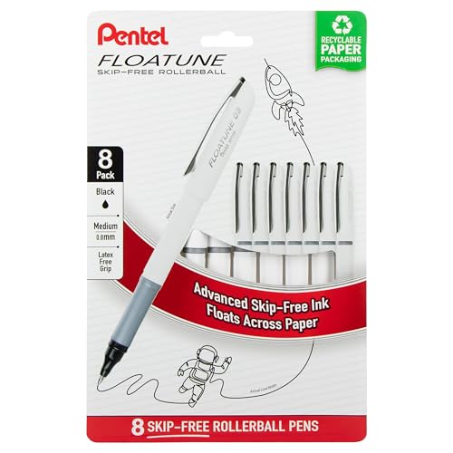 Pentel Floatune Rollerball, 0.8mm medium point, Black Ink, Pack of 8 pens (BY108PF8A)
