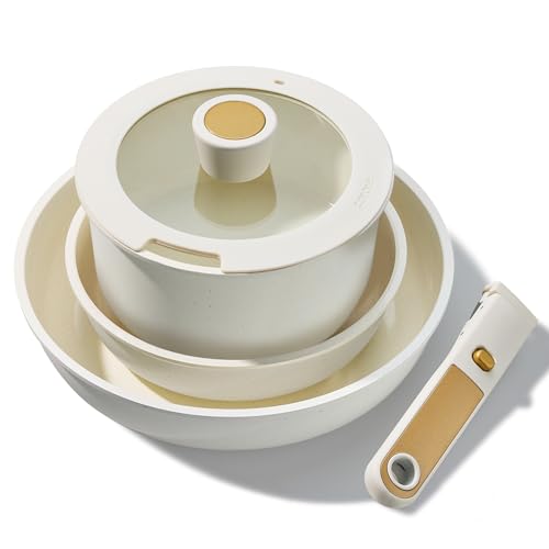 CAROTE 6pcs Pots and Pans Set Non Stick, Cookware Sets, Kitchen Set, Oven/Fridge Safe, Space Saving Pots Set, Nonstick Cooking Set with Versatile Detachable Handle, Induction RV Set