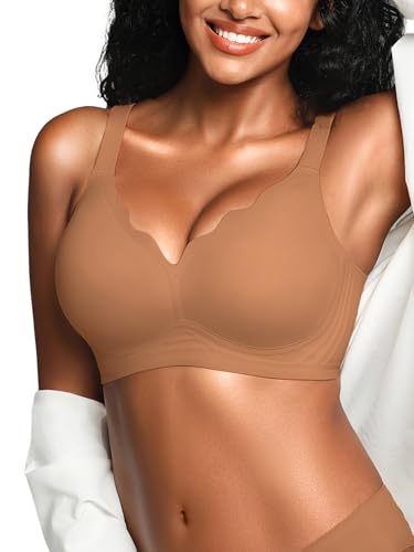 Cuteio Wireless Jelly Bras for Women No Underwire with Support - Seamless Wirefree Bralettes Everyday Full Coverage Comfort Tshirt Padded Bra Coffee L