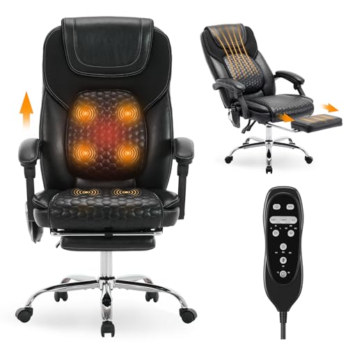 MALOL Massage Office Chair with Heat and Footrest - 3-Level 65°C Targeted Heating, 20-Min Easy Assembly Leather Desk Chair, Big and Tall Executive Computer Chair with Side Pocket, 300 lbs, Black