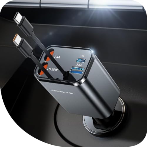 Retractable Car Charger for iPhone 17, 69W 4 in 1 USB C Car Charger Fast Charging with Type C Cable Cigarette Lighter Adapter for iPhone 17 16 Pro Max Samsung S25 iPad, Car Accessories for Men