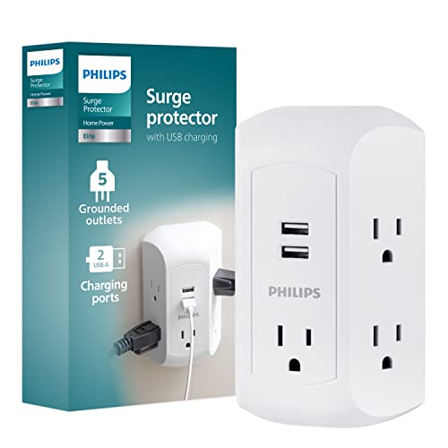 Philips 5-Outlet Extender, Grounded Wall Tap, 3-Prong, 2 USB-A, Surge Protector, Adapter Spaced Outlets, Side Access, 560 Joules, Quick and Easy Install, White, SPS5002WA/37