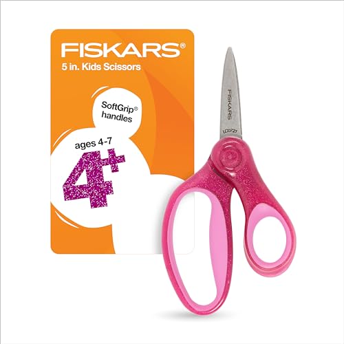 Fiskars 5" SoftGrip Pointed-Tip Glitter Scissors for Kids Ages 4-7, Scissors for School or Crafting, Back to School Supplies, Pink