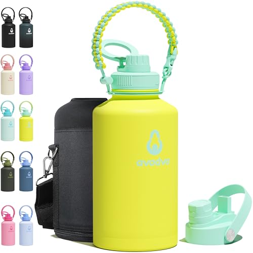 avodvo 64 oz Water Bottle with 2 Lids (2-in-1 Straw & Spout Lid, Magnetic Lid), Insulated Water Bottle with Strap, Stainless Steel Water Bottle for Hiking, Gym, Travel, BPA-Free, Yellow