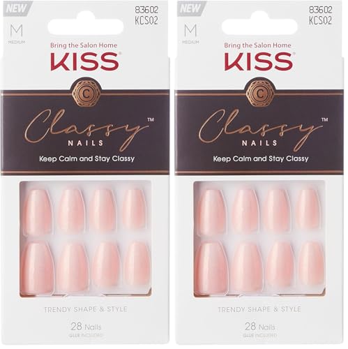 KISS Classy French Nail Manicure Kit with Gel Finish,Medium, Coffin Shaped, Includes Pink Nail Glue (Net Wt. 2 g / 0.07oz.), Mini Nail File,Manicure Stick,and 28 Fake Nails,Cozy Meets Cute', 28 Count