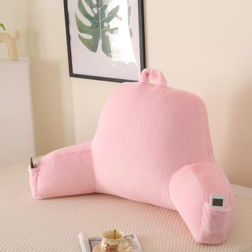 PAJEO Back Pillow for Bed Sitting Up,Large Backrest Reading Pillow with Arm Rest,Back Rest Support Cushion for Sitting Up on Couch,Sofa,Floor,Dorm Essentials(Pink Faux Fur,Standard(17"))