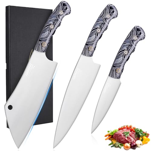 Topfeel 3PCS Professional Chef Knife Set, Ultra Sharp Japanese Kitchen Knife, German High Carbon Stainless Steel 8" Meat Cleaver 8" Chef's Knives 5" Utility Knife with Gift Box