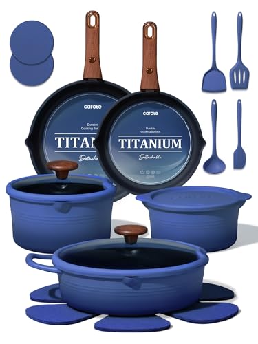 CAROTE 20Pcs Titanium Cookware Set, Pots and Pans Set Non Stick, Kitchen Cooking Set with Detachable Handle, Non Toxic Induction Cookware - Camping Cookware, Dishwasher/Oven Safe, Blue