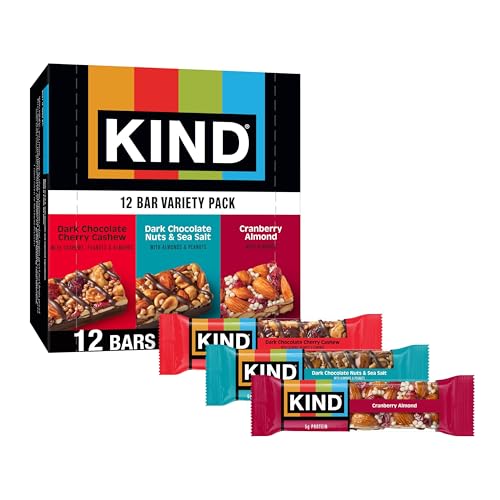 KIND Healthy Snacks Bars Variety Pack, Gluten Free, High Fiber Snacks, Cranberry Almond, Dark Chocolate Nuts & Sea Salt, Dark Chocolate Cherry Cashew, 4-6g Protein, 12 Count
