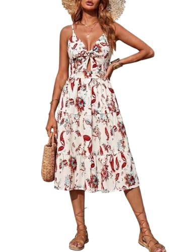 Angashion Women's Dresses-Summer Floral Bohemian Spaghetti Strap Button Down Swing Midi Dress with Pockets Red Floral Small