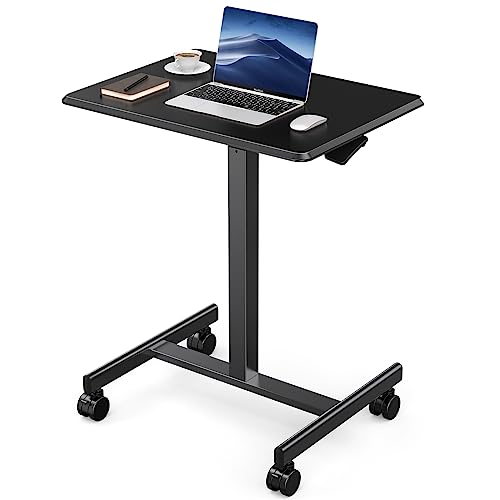 DUMOS Small Standing Desk Mobile Portable Rolling Laptop PC Table on Wheels Adjustable Height Computer Workstation for Home Office, 19 Inch, Black