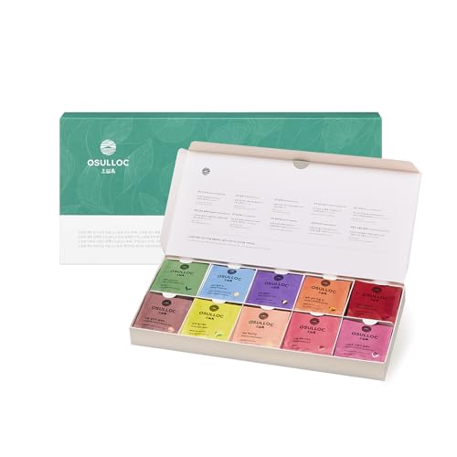 OSULLOC Premium Tea Collection (40 count, 10 flavors x 4 ea), Mothers Day Gifts, Self Care Sampler Gift Box Variety Pack, Premium Organic Pure & Blended Tea from Jeju