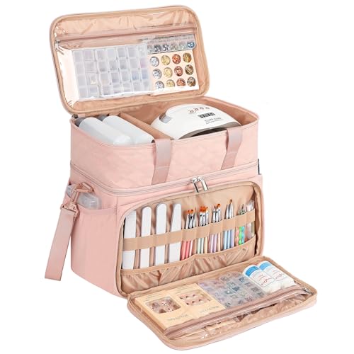 HOMEST Double Layer Nail Polish Organizer Holds 80 Bottles (15ml/0.5 fl. oz) and a Lamp, Case with 2 Removable Pouches for Manicure Tools Storage, Pink(Bag Only)