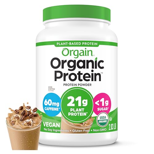 Orgain Organic Vegan Protein Powder, Iced Coffee - 21g Plant Protein, 60mg of Caffeine, Low Net Carb, No Lactose Ingredients, No Added Sugar, Non-GMO, For Shakes & Smoothies, 2.03 lb